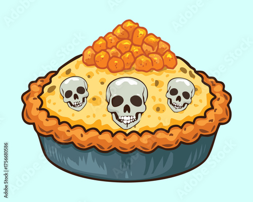 Delicious golden savory pie covered with flaky crust featuring spooky cheese skulls and small pumpkin shapes for a scary treat - Vector Illustration