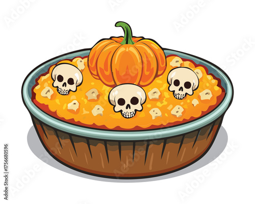 Savory baked casserole topped with a crust decorated with cheese skulls and tiny carved pumpkins for Halloween party - Vector Illustration
