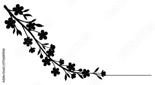 Elegant black silhouette of a delicate cherry blossom branch with small flowers and leaves in a graceful curve silhouette