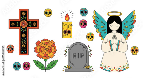 Dia de los muertos ofrenda elements sugar skulls marigold candle tombstone angel festive celebration vector