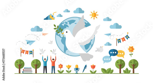Global peace and unity symbols representing harmony and connection with dove earth flags and people celebrating together vector