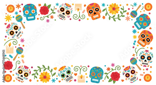 Colorful day of the dead sugar skull frame with flowers and festive ornaments for celebration and remembrance vector