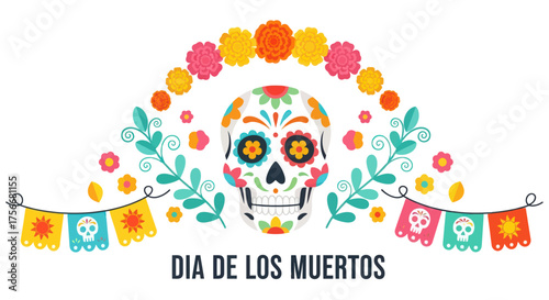 Vibrant dia de los muertos sugar skull decorated with colorful flowers and festive papel picado bunting vector