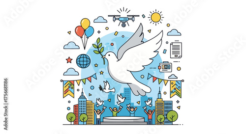Whimsical pegasus soars above dreamy cityscape with balloons and symbols of hope and freedom vector