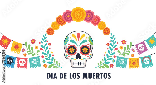 Vibrant dia de los muertos skull decoration with papel picado banner and floral archway celebration vector