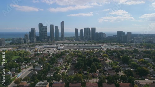 Toronto skyline aerial drone view over Lake Ontario