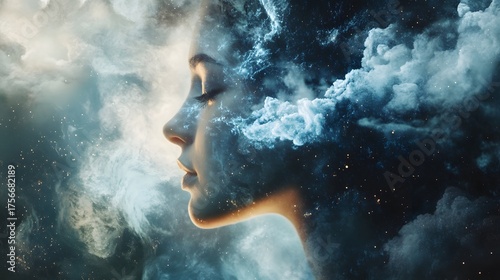 A woman's profile is obscured by a cloud formation, creating a surreal and dreamlike image. The clouds are a symbol of thought, imagination, and the power of the mind.