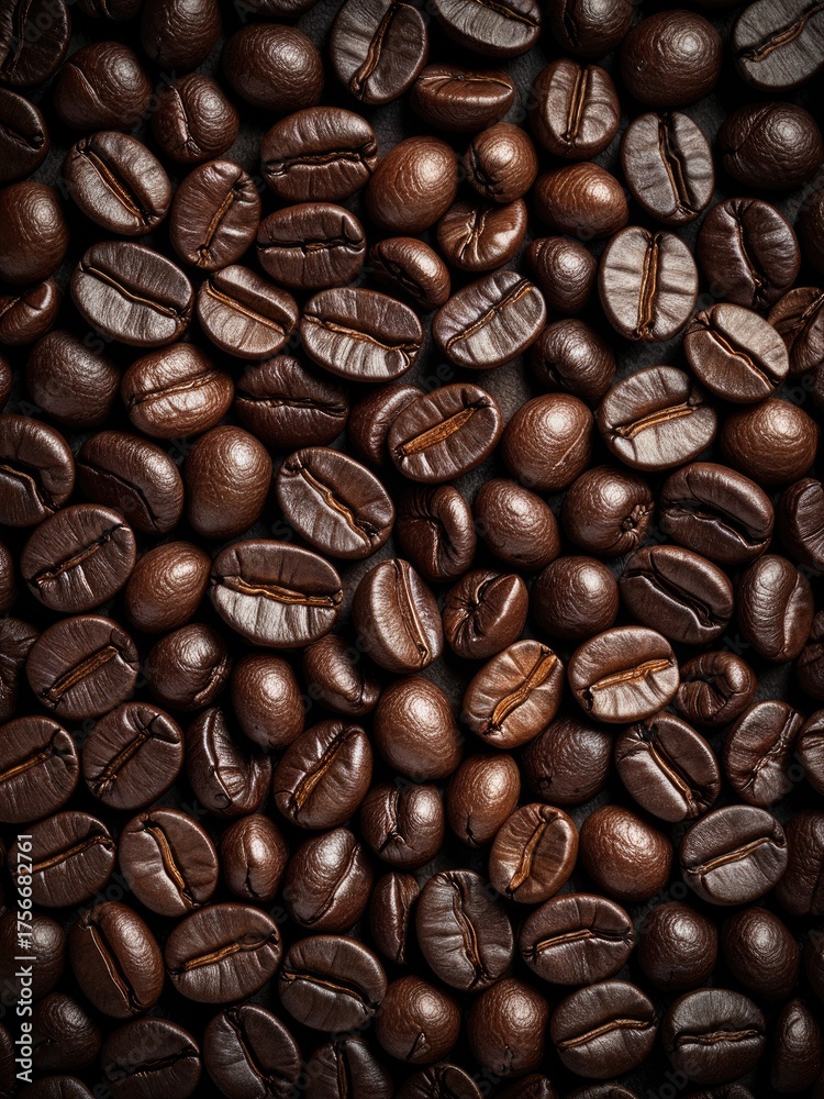 Obraz premium Roasted coffee beans filling the frame, dark and aromatic