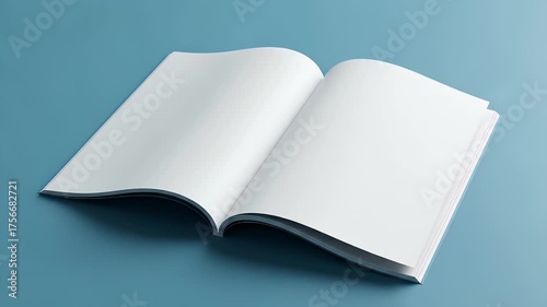 Open Blank Magazine Spread On Light Blue Background Ready For Design And Message Mockup And Presentation Clean White Pages Flat Lay
