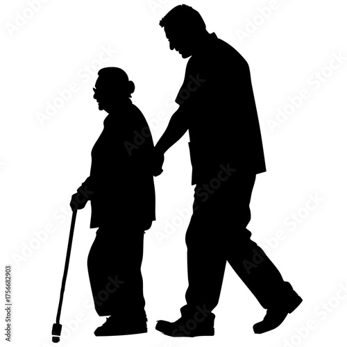 Silhouette of a caregiver assisting an elderly person with a cane. A touching scene symbolizing compassion, support, and intergenerational care in daily life or healthcare settings.