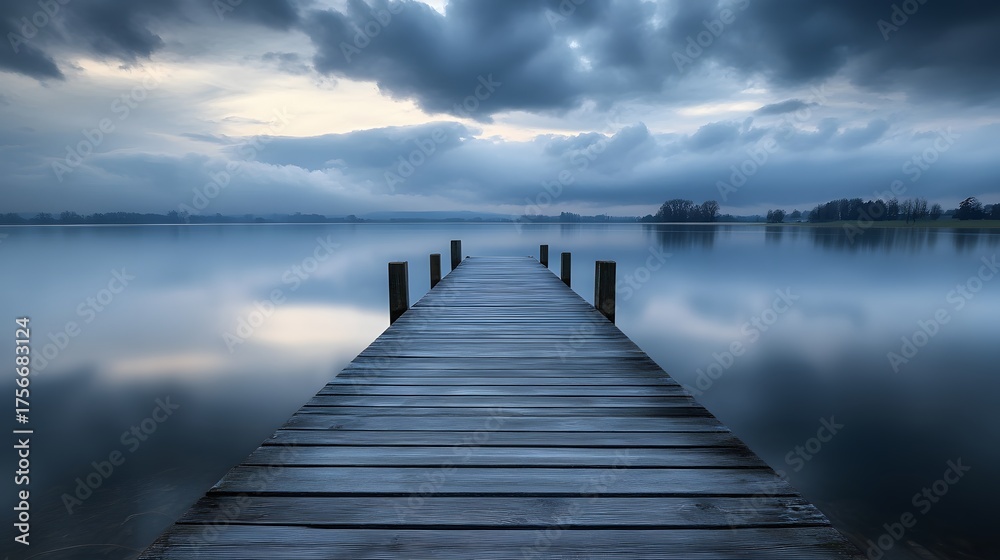 Fototapeta premium A wooden pier extends out into a calm lake with a dramatic cloudy sky overhead.