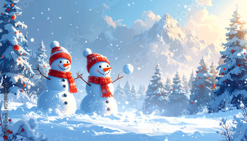 Playful snowmen tossing snow in winter valley. Fun snowball fight in snowy mountain view. Happy snowmen enjoying winter adventure. Frosty snow play under bright blue sky