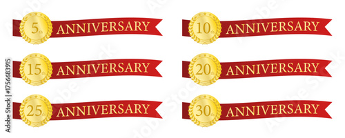 赤いリボンと金色メダルのアニバーサリー記念デザインセット（5周年～30周年まで）