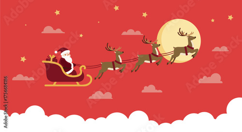 Flat Illustration Santa Claus flying in his sleigh pulled by reindeer on Christmas Eve.