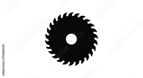 A sharp circular saw blade with jagged teeth depicted as a stark black silhouette against a clean white background silhouette