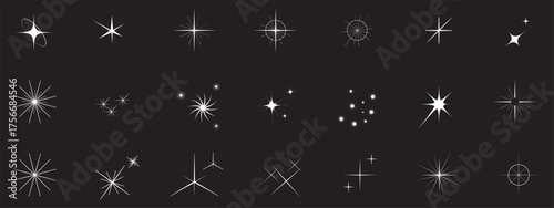 Glowing light bursts with sparkles. Glow light effect set, lens flare, explosion, glitter, line, sun flash, spark and star. Abstract image of lighting flare and white stars. Vector illustration. EPS10