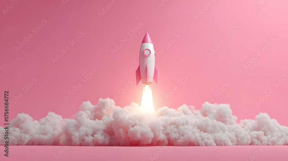 Fototapeta premium Pink rocket launches from clouds with bright exhaust against a pink background.