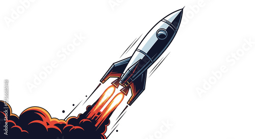 Vector  illustration of a silver and black rocket ship launching with flames and dark smoke clouds