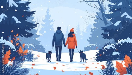 Couple walking dogs in snowy forest winter landscape. Winter stroll with dogs through peaceful woods. Romantic winter walk with pets in snowy park. Happy couple and dogs enjoying snowy forest trail