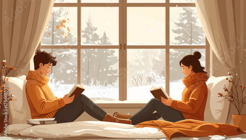 Couple reading books on cozy winter bed. Warm bedroom scene with books and snow. Winter love story in cozy reading time. Peaceful morning reading by snowy window