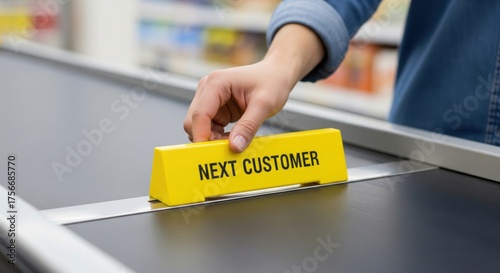 Hand placing a next customer divider on a checkout counter belt at a grocery store. retail shopping, buying food, and payment.