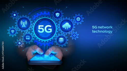 5G network wireless systems technology concept. Smartphone in hands connected to 5G network. Smart city. IOT. 5G mobile internet wifi connection. Interconnected gears with icons. Vector illustration.