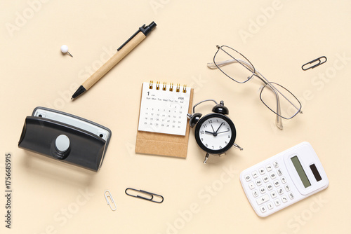 Calendar with alarm clock, ...
