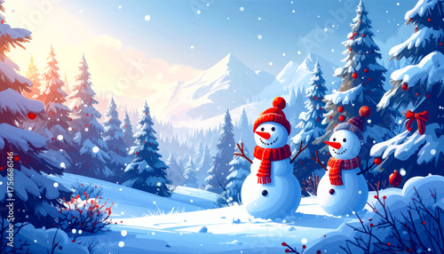 Two snowmen in peaceful winter mountain. Beautiful winter landscape with snow figures. Snowmen in snowy pine forest at sunset. Scenic winter view with smiling snowmen. Sunset glow over snowy mountain