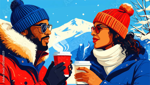 Couple with coffee in snowy mountains. Winter love and hot coffee outdoors. Cozy couple enjoying winter view. Warm drinks in cold mountain air. Love, coffee, and winter adventure