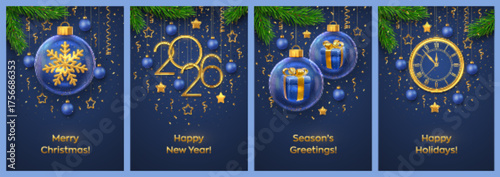 Christmas card set. Happy New Year 2026. Golden numbers 2026 and countdown clock. Gift boxes, shining gold snowflake in glass baubles, fir branches, stars, and Christmas balls. Vector illustration.
