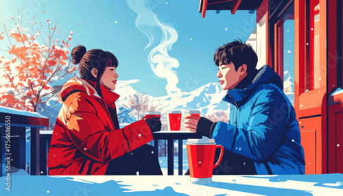 Couple enjoying hot drinks in winter café view. Cozy mountain café love in snowy day. Romantic coffee date in winter sunshine. Warm coffee moments in cold mountain air. Lovers sharing hot chocolate