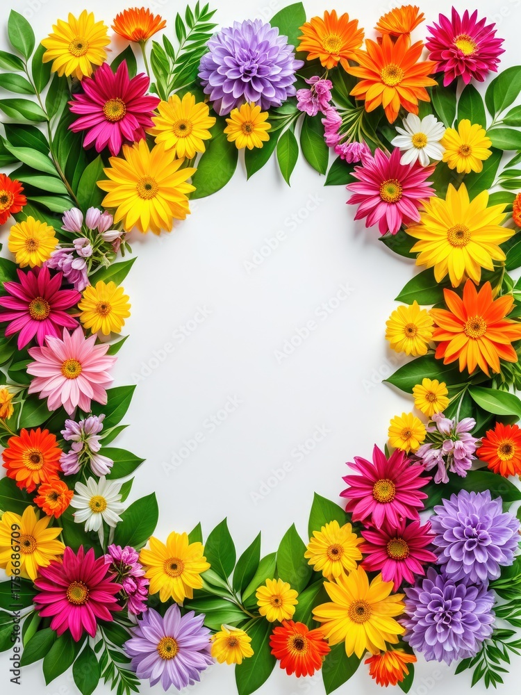 Obraz premium Colorful floral wreath design with variety of bright flowers and green foliage