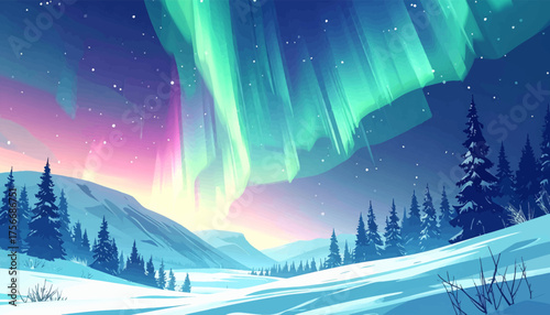 Majestic aurora flowing over icy valley. Arctic night with powerful northern glow. Aurora dance across starry frozen sky. Beautiful borealis over mountain snow. Green lights illuminating polar horizon