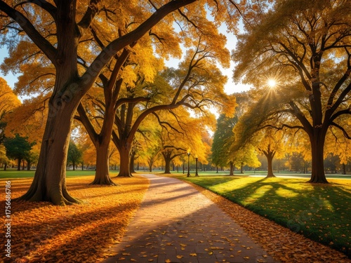 Golden autumn trees frame a pathway with sunlight streaming through foliage