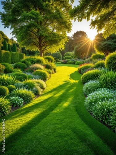 Serene garden path with lush green grass, bushes, trees, and sunlight
