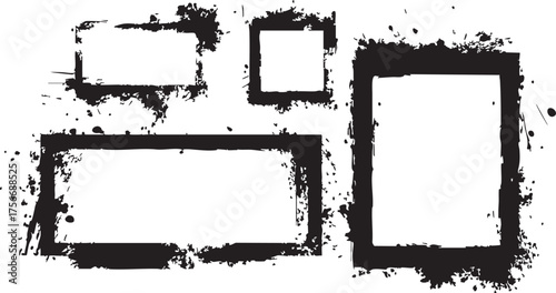 Grunge-style black splattered frames set, versatile design elements for posters, digital art, and print media, creative graphic resource.