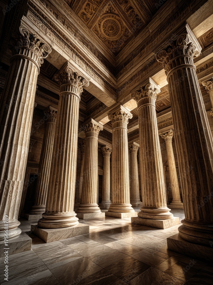 Obraz premium Grand interior with towering columns & ornate ceiling, bathed in light