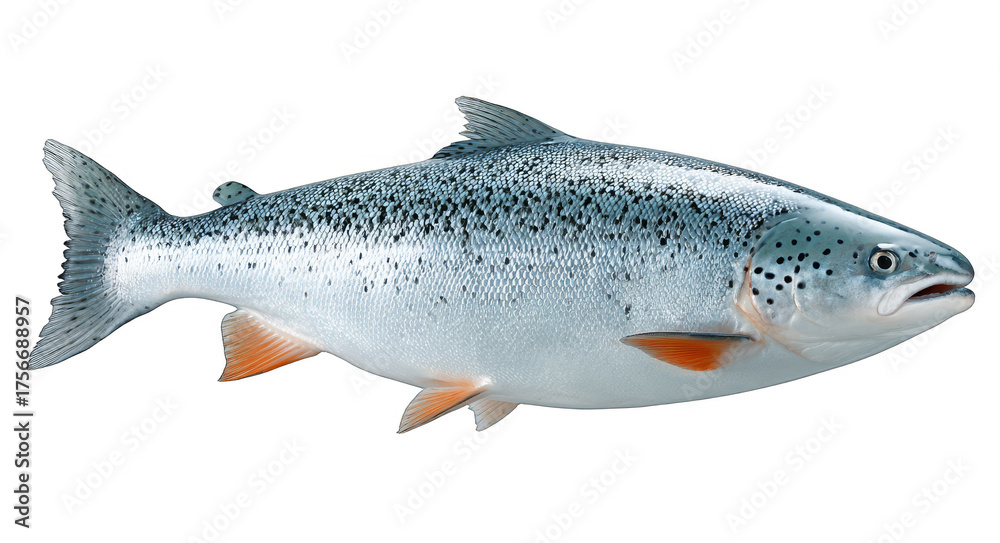 Naklejka premium A full view of a fresh salmon fish showcasing its silver body with black spots, typical of this aquatic species.