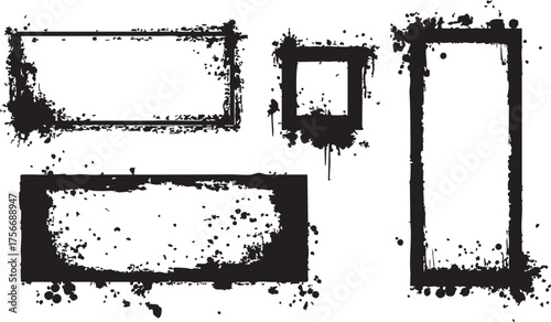 Grunge-style black splattered frames set, versatile design elements for posters, digital art, and print media, creative graphic resource.