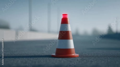 Orange traffic cone with white stripes and glowing warning light empty road, symbolizing caution, safety, construction, and maintenance zone orange traffic cone white stripe glowing warning light