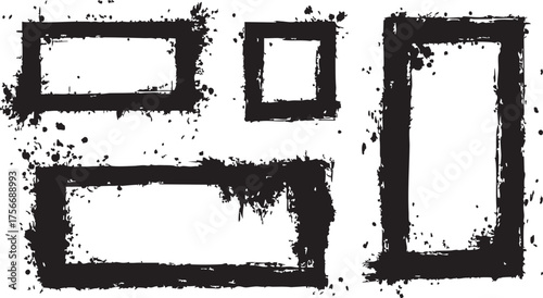 Grunge-style black splattered frames set, versatile design elements for posters, digital art, and print media, creative graphic resource.
