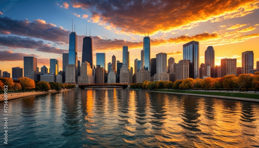 Obraz premium Chicago skyline reflects in river at sunset, bright sky, fall foliage