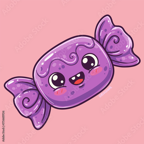 A delightfully happy, purple candy illustrated in a cute kawaii style with a big smile.