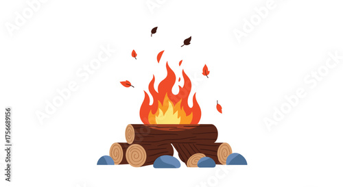 Cozy campfire with autumn leaves dancing in the warm flickering flames.
