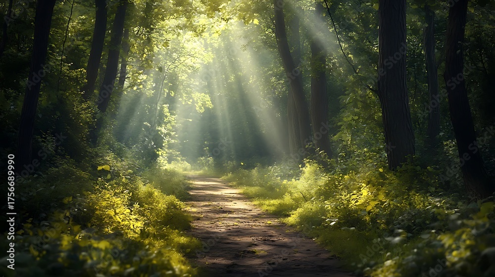 Fototapeta premium Morning sun rays pierce the misty forest path through autumn trees