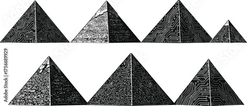 Ancient pyramid circuit fusion, futuristic architecture design, technology and history merge, digital stone structure, innovation concept, modern heritage evolution, electronic culture