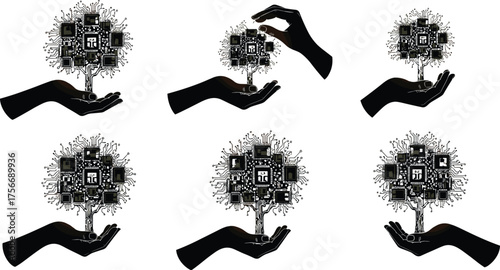Digital technology tree evolution, artificial intelligence growth, futuristic innovation concept, human hand nurturing circuits, modern tech ecosystem, electronic network development, progress