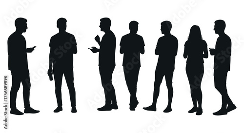 Diverse group of people standing in a line with varied poses and casual attire in a striking silhouette style