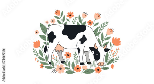 A charming illustration of a black and white cow grazing peacefully in a vibrant floral meadow surrounded by lush green leaves and delicate orange wildflowers creating a whimsical and pastoral scene.