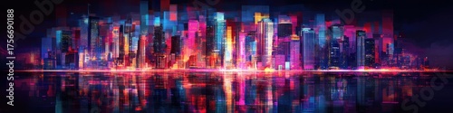 Wallpaper Mural Digital illustration city skyline night lit up colorful with neon colored Torontodigital.ca